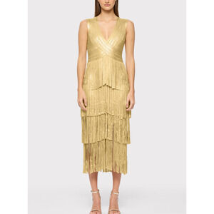 Herv� L�ger Gold V Neck Foil Fringe Sleeveless Midi Dress Size XS